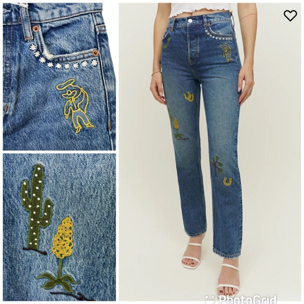 NEW Reformation Handicraft Embroidered High Rise Straight Jeans Juno Size 23